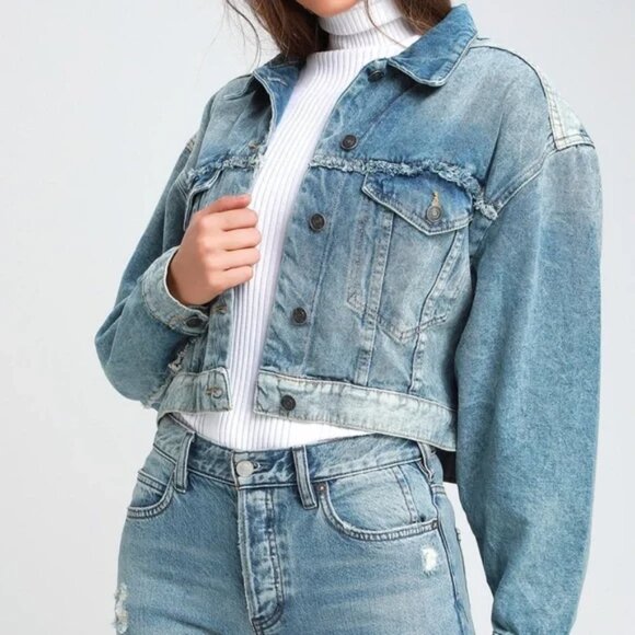 Free People Bedford Cropped Denim Jacket Distressed Medium Wash Cotton - Picture 2 of 16